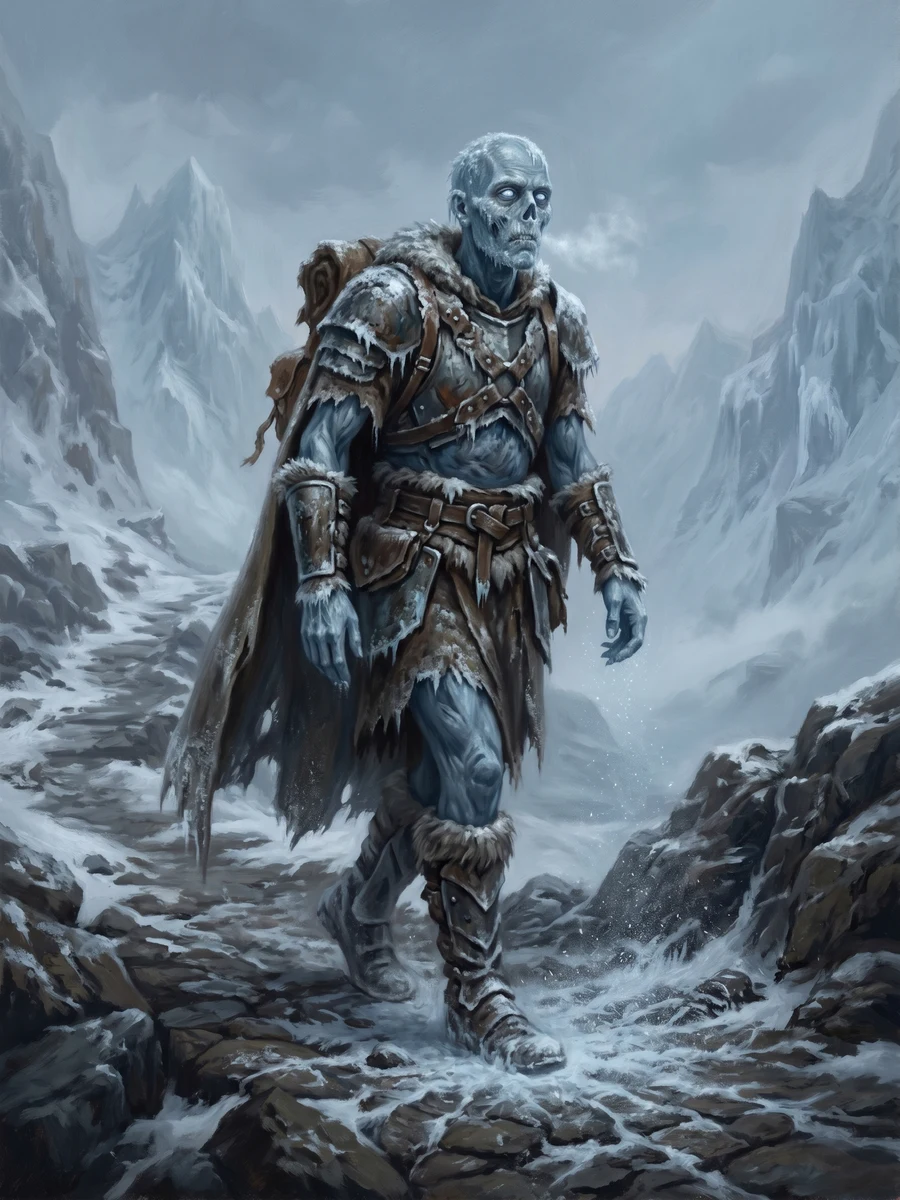 A frostwalker out of the Pale Peaks: a corpse animated by the Cold That Hungers, frozen blue-gray under a rime that never melts, its pale pupilless eyes lit cold, marching north toward heat for the Frostwatch at Azanfrain to burn.
