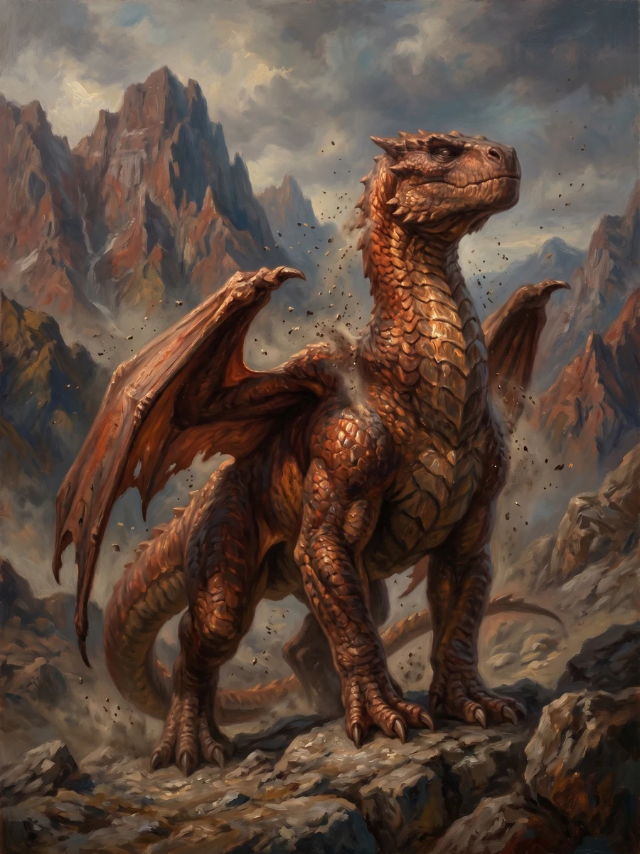 Kanzekill, the rust-orange Force dragon of the Dragon's Spine, who has hunted the hidden fortress of Mountainveil for four hundred years because it holds her true name — her eyes never quite focusing, the air around her never still.