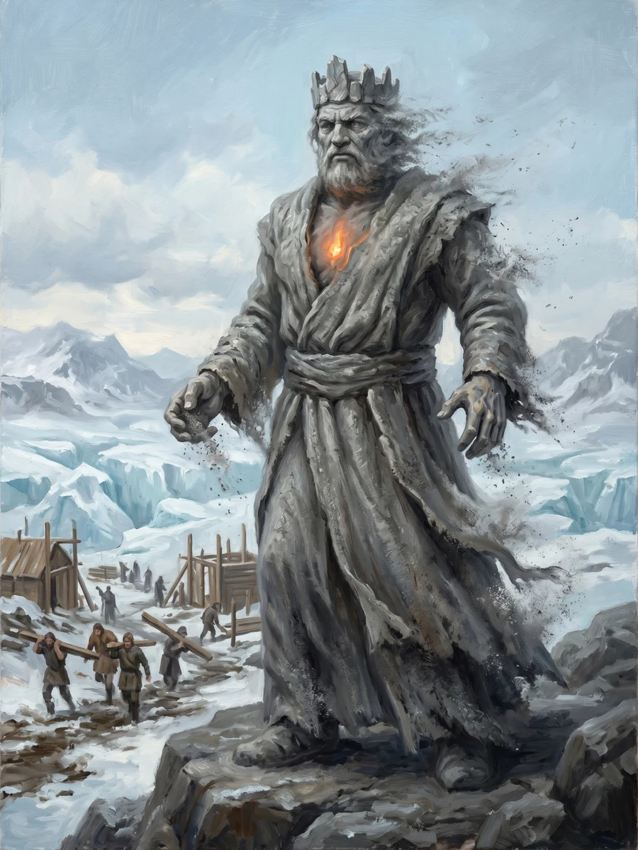 Craggus, the dead god of all mankind, ending: he rebuilt human civilization out of the Long Winter ice for fifteen thousand years, then crumbled to ash when the Laughing Plague dissolved the congregation whose dawn-prayers were his only income.