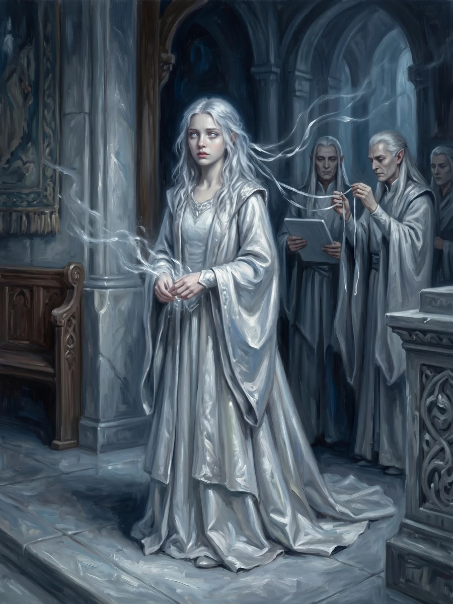 Tiira, the silver elves' young goddess, who did not climb to divinity through faith: her government chose a clever girl, tutored her into a vessel, wiped the past it did not want her to keep, and installed her as a god her people are required to worship.