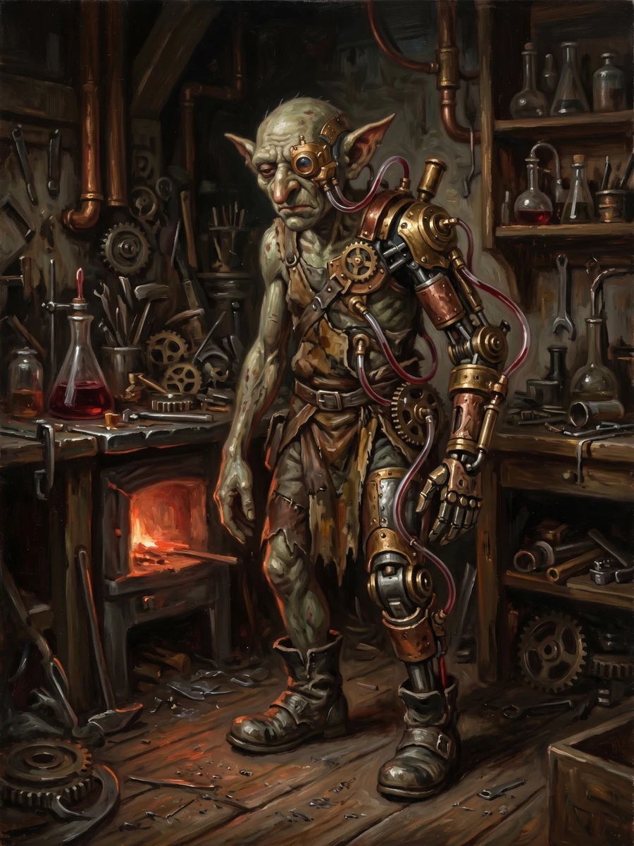 An Aciabro — the blood-powered cyborg offshoot of goblin-kind, limbs and organs swapped for machines fed on its own vital essence. A culture of mad invention that never stops being goblin: the kind holds, only the way of living changes.