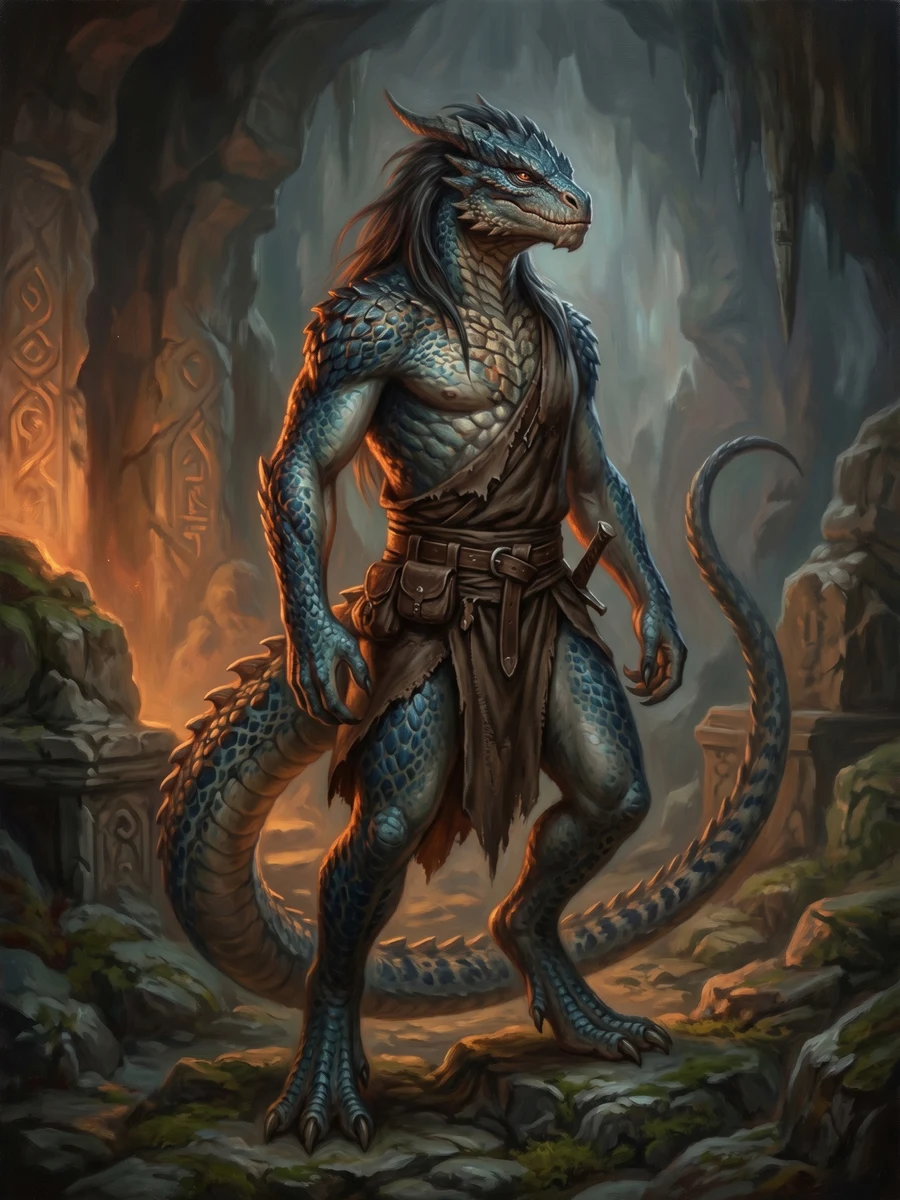 A Naga mid-transformation, the head turning draconic and scales rising through the skin — heir to the dragon-father Nagatayora, who fell against the titan Hykravones and whose burning blood marked the mortals it struck. None of the three forms his blood throws is the parents' to choose.
